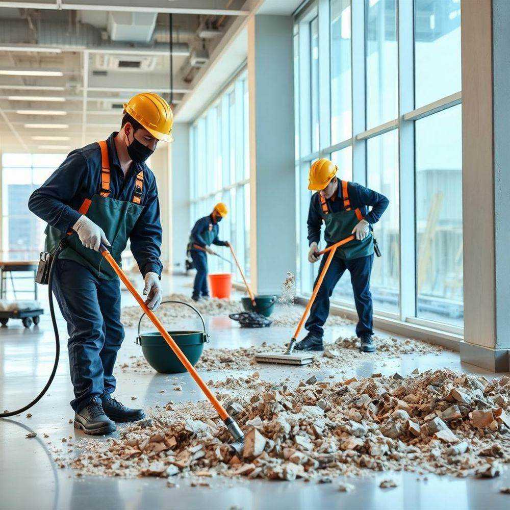 A 3Z's crew performing post-construction cleanup in a commercial build-out